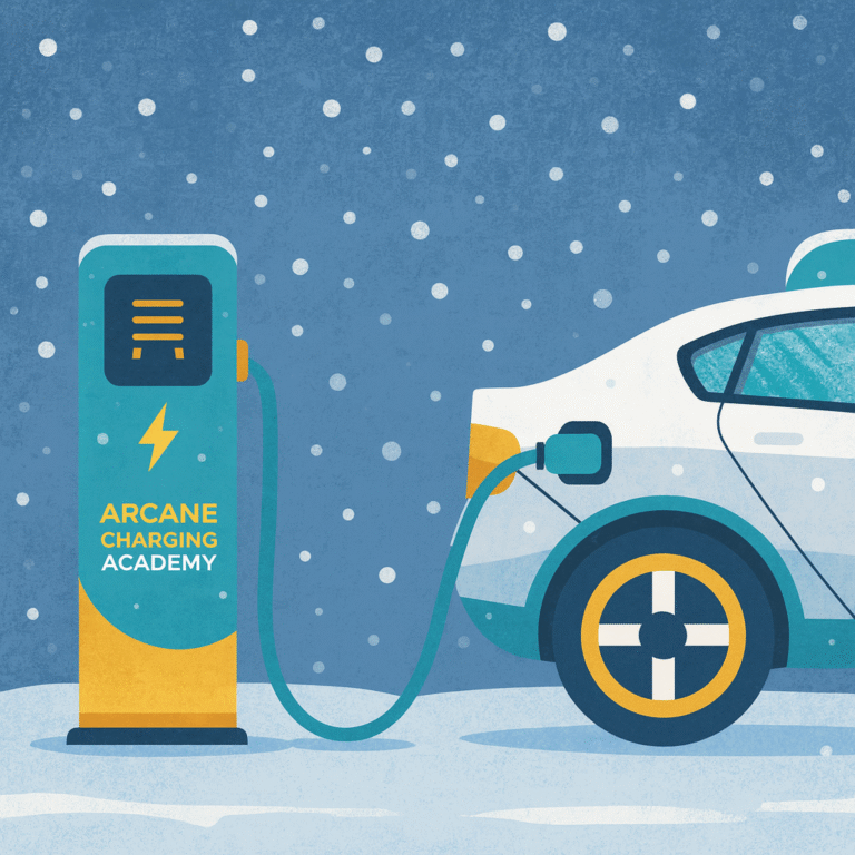 An electric vehicle charging during winter