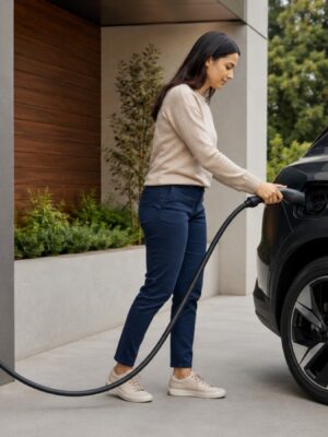 A lady plugging an ev charger in safely
