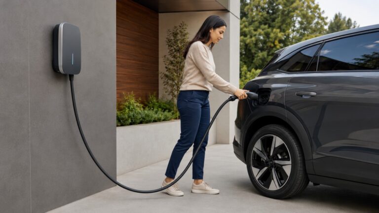 A lady plugging an ev charger in safely